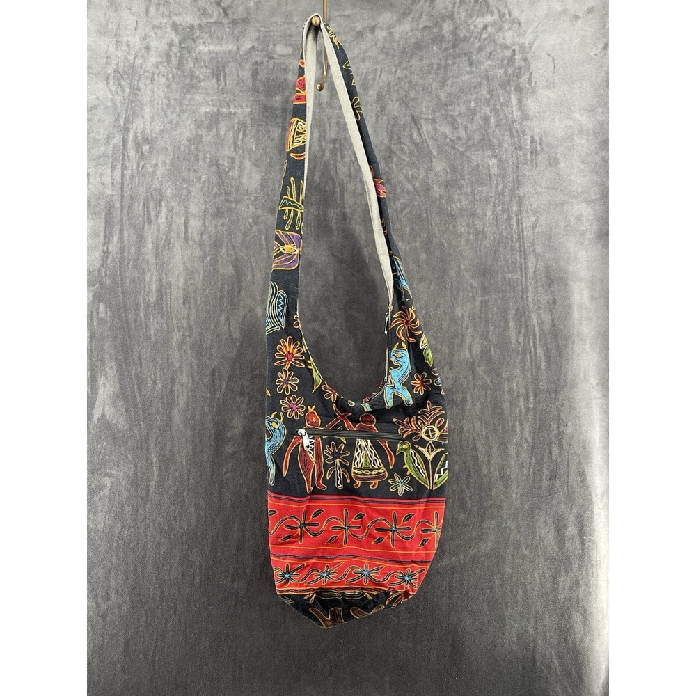 Boho Embroidered Crossbody Hobo Bag Black Floral Ethnic Festival Shoulder Tote